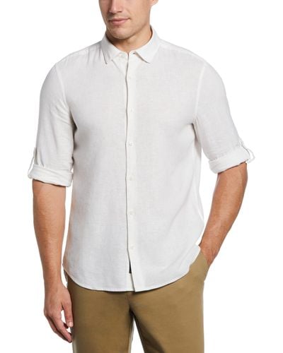 Perry Ellis Untucked Slim Fit Linen Blend Rolled Sleeve Shirt - White