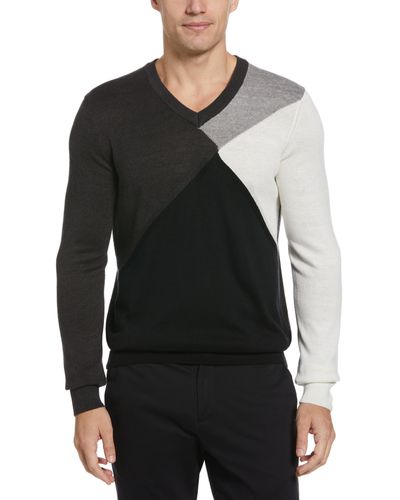 Perry Ellis Color Block V-neck Sweater - Black