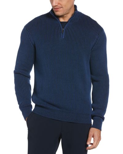 Perry Ellis Shaker Stitch Quarter Zip Sweater - Blue