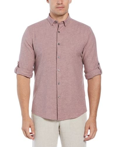 Perry Ellis Untucked Slim Fit Linen Blend Rolled Sleeve Shirt - Purple