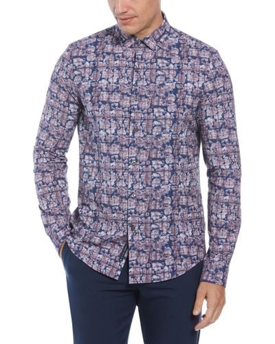Perry Ellis Total Stretch Slim Fit Abstract Floral Print Shirt Pants - Blue