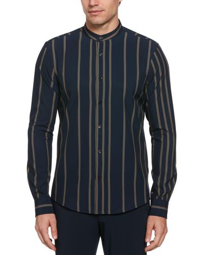 Perry Ellis Slim Fit Total Stretch Striped Banded Collar Shirt - Blue