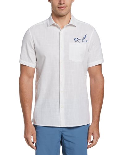 Perry Ellis Cotton Slub Embroidered Motif Shirt - White