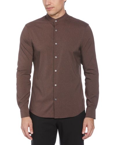 Perry Ellis Untucked Total Stretch Slim Fit Banded Collar Shirt - Brown