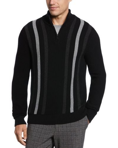 Perry Ellis Jacquard Stripe Quarter Zip Sweater - Black
