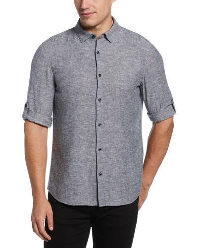 Perry Ellis Untucked Slim Fit Linen Blend Rolled Sleeve Shirt - Gray