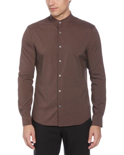 Perry Ellis Untucked Total Stretch Slim Fit Banded Collar Shirt - Brown