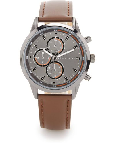 Perry Ellis And Metal Genuine Leather Band Watch, Regular - Gray