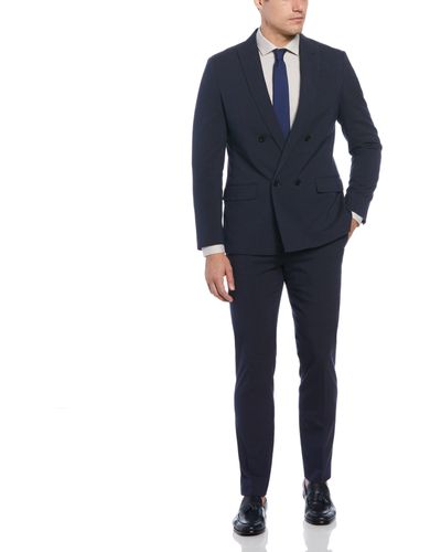 Perry Ellis Slim Fit Double Breasted Navy Pinstripe Suit - Blue