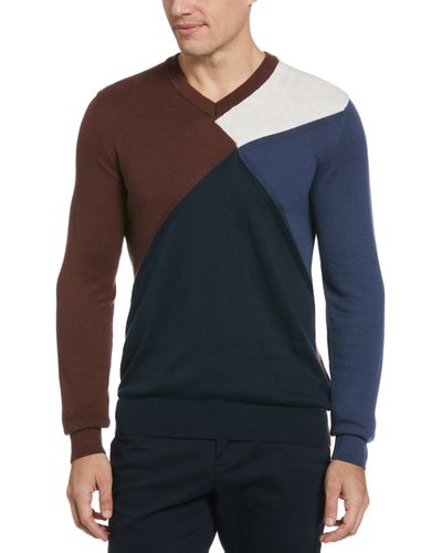 Perry Ellis Color Block V-neck Sweater - Blue