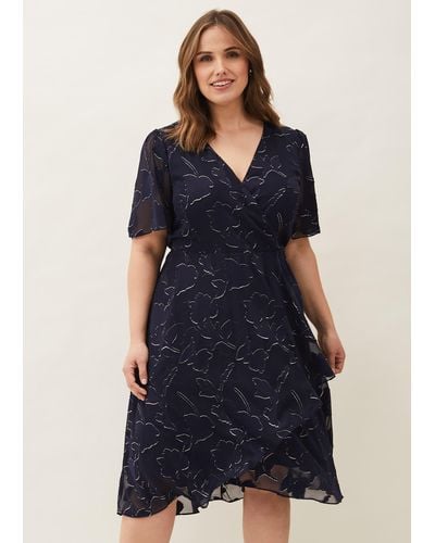 Phase Eight Sizes 16-26 Navy Polly Foil Jacquard Dress - Blue