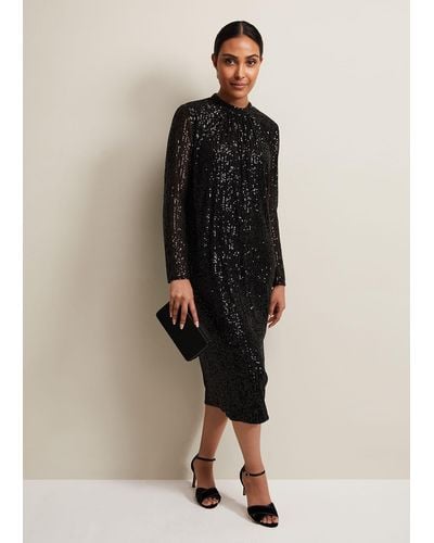 Phase Eight 's Petite Cindy Black Sequin Midi Dress - Natural