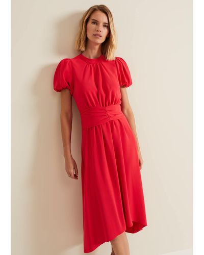 Phase Eight 's Paulina Coral Puff Sleeve Midi Dress - Red
