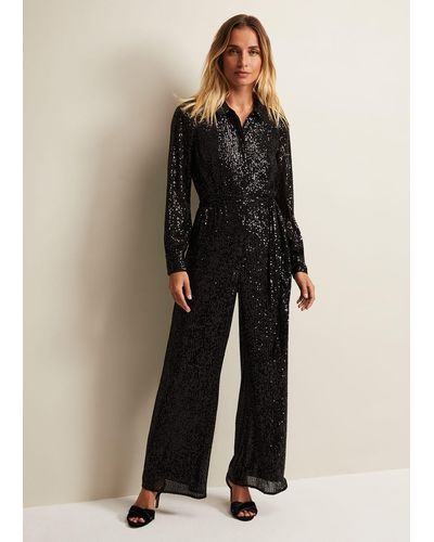 Phase Eight 's Alessandra Black Sequin Shirt Jumpsuit