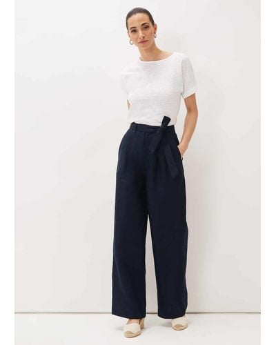 Phase Eight 's Aaliyah Navy Linen Wide Leg Trousers - Blue