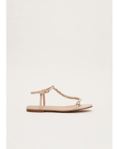 Phase Eight 's Leather Jewel Trim Flat Sandal - Natural