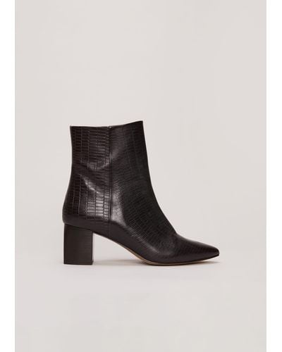 Phase Eight 's Black Leather Croc Print Ankle Boots