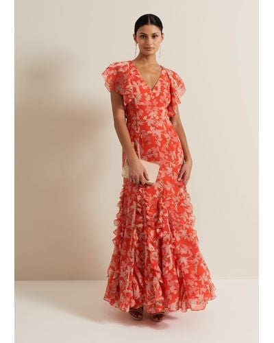 Phase Eight 's Gaby Floral Print Ruffle Maxi Dress - Red