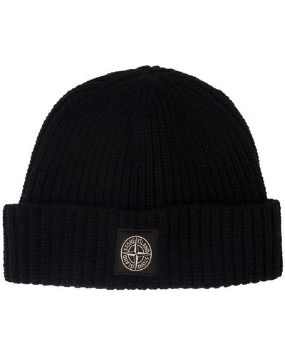 Stone Island Black Knitted Beanie With Logo Patch At The Front In Wool