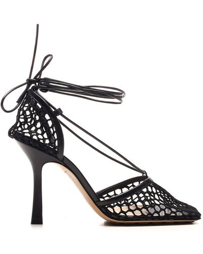 Lace-up leather-trimmed mesh pumps