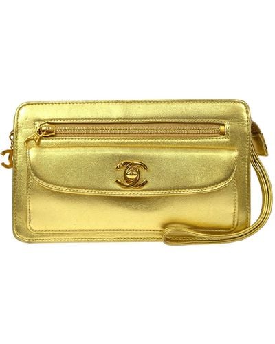 CHANEL Satin Quilted Gold CC Small Top Handle Evening Bag For