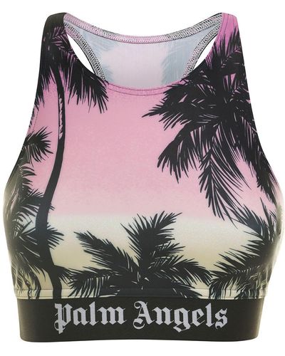 Palm Angels Beige Sports Bra With Miami Print And Elastic Band In Stretch  Fabric in Gray