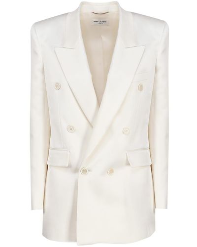 Saint Laurent Double-breasted Jacket In Silk Satin - White