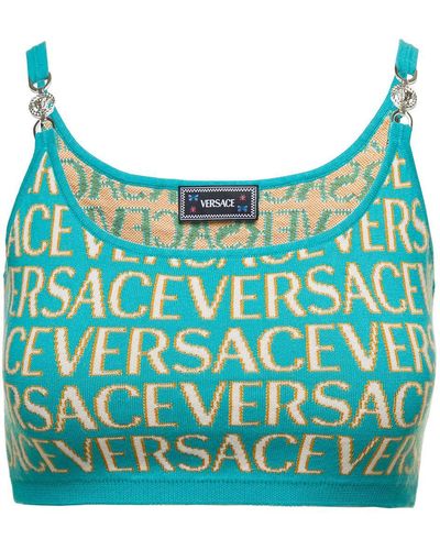 Versace Light E Crop Top With All-over Logo Lettering And Medusa Detail In Cotton Blend - Blue