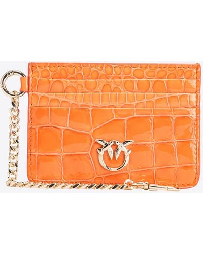 Pinko Galleria Card Holder In Shiny Coloured Croc-print Leather - Orange
