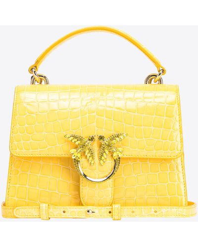 Pinko Galleria Mini Love Bag One Top Handle Light In Shiny Croc-print Leather - Yellow