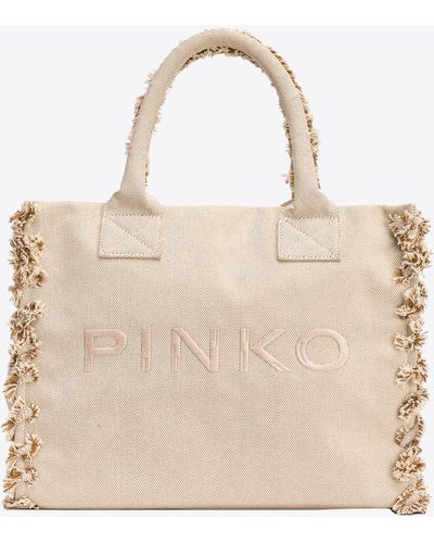 Pinko Beach Shopper In Salt-and-pepper Recycled Canvas - Natural