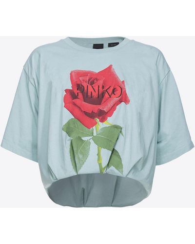 Pinko Cropped T-shirt With Rose Print - Blue