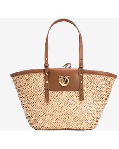Pinko Love Summer Bucket Bag In Raffia - Natural