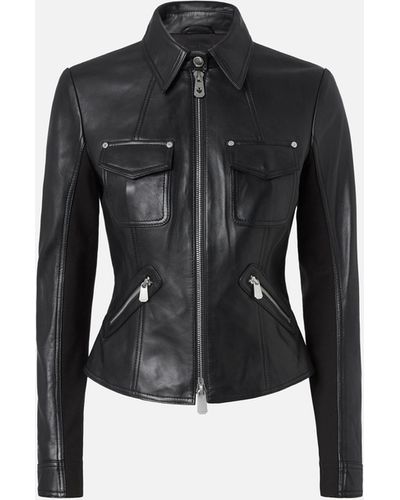Pinko Short Leather And Technical Fabric Biker Jacket, Limo - Black