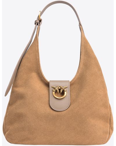 Pinko Mini Hobo Bag In Suede And Leather - Natural