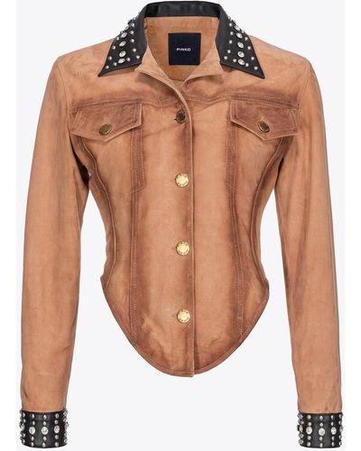 Pinko Bustier-Jacke Veloursleder Old Mit Nieten, Rötliches Beigebraun - Weiß