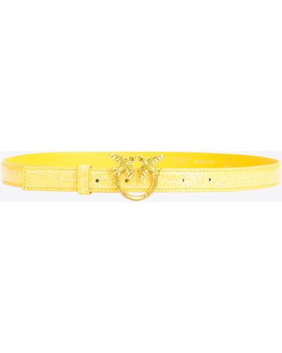 Pinko Galleria Thin 2cm Shiny Coloured Croc-print Belt With Love Birds Buckle - Yellow