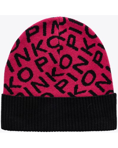 Pinko Strickmütze Mit Logo, Fuchsia/Schwarz - Rot