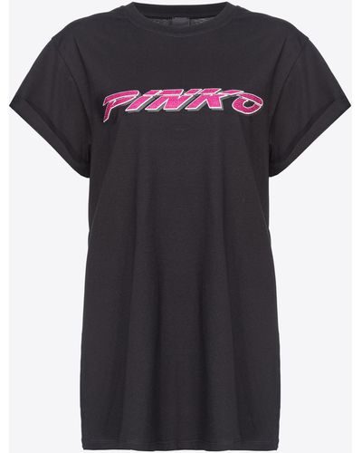 Pinko T-shirt With Rhinestoned Print - Black