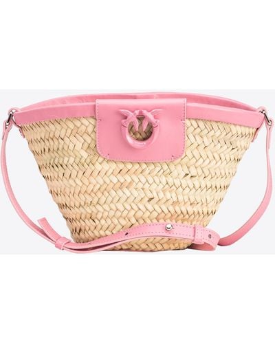 Pinko Tasche Love Summer Bucket Bag Aus Bast, Natur/Rosa-Colorblock - Pink