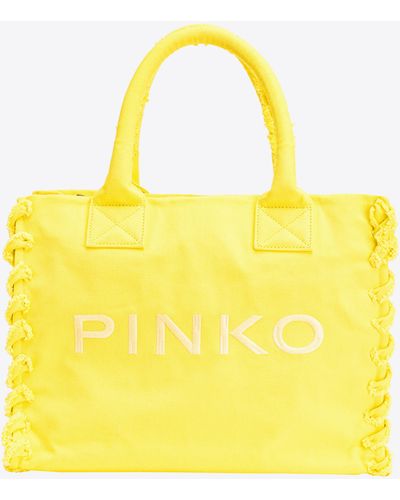 Pinko Beach Shopper Aus Recyceltem Segeltuch, Sonnengelb-Antikgold