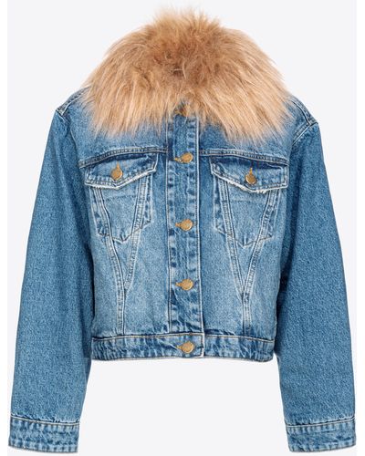 Pinko Denim Jacket With Faux Fur - Blue