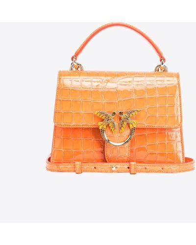 Pinko Galleria Mini Love Bag One Top Handle Light In Shiny Croc-print Leather - Orange