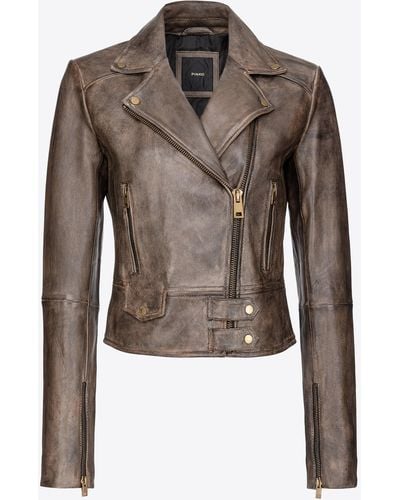 Pinko Nappa Leather Biker Jacket - Brown