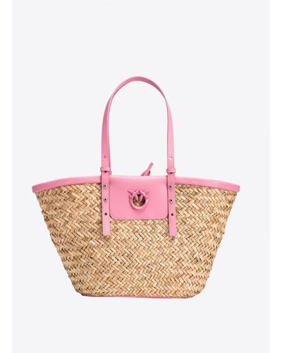 Pinko Love Summer Bucket Bag In Raffia - Pink