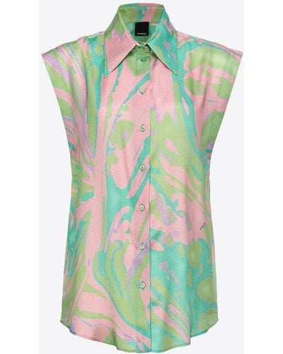 Pinko Splash-print Satin Shirt With Cap Sleeves - Green
