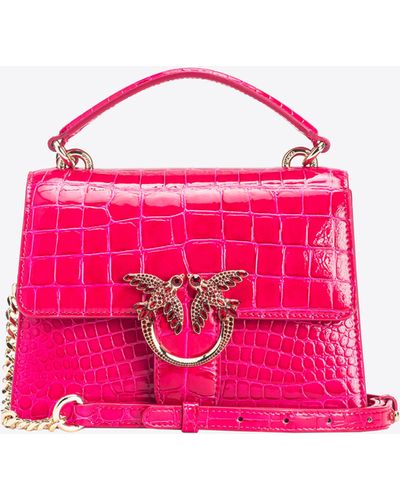 Pinko Galleria Mini Love Bag One Top Handle Light In Shiny Croc-print Leather - Pink