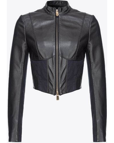 Pinko Short Leather And Fabric Biker Jacket - Gray