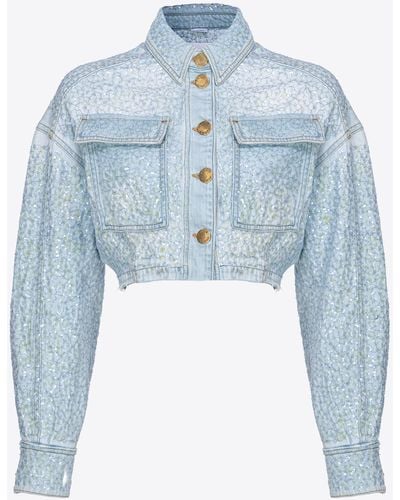 Pinko Cropped Denim Jacket With Sequins - Blue