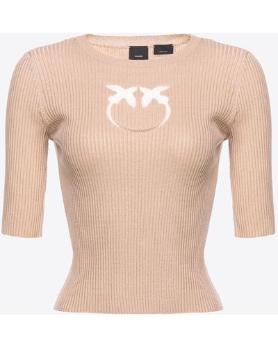 Pinko Ribbed Sweater With Transparent Love Birds Logo - White